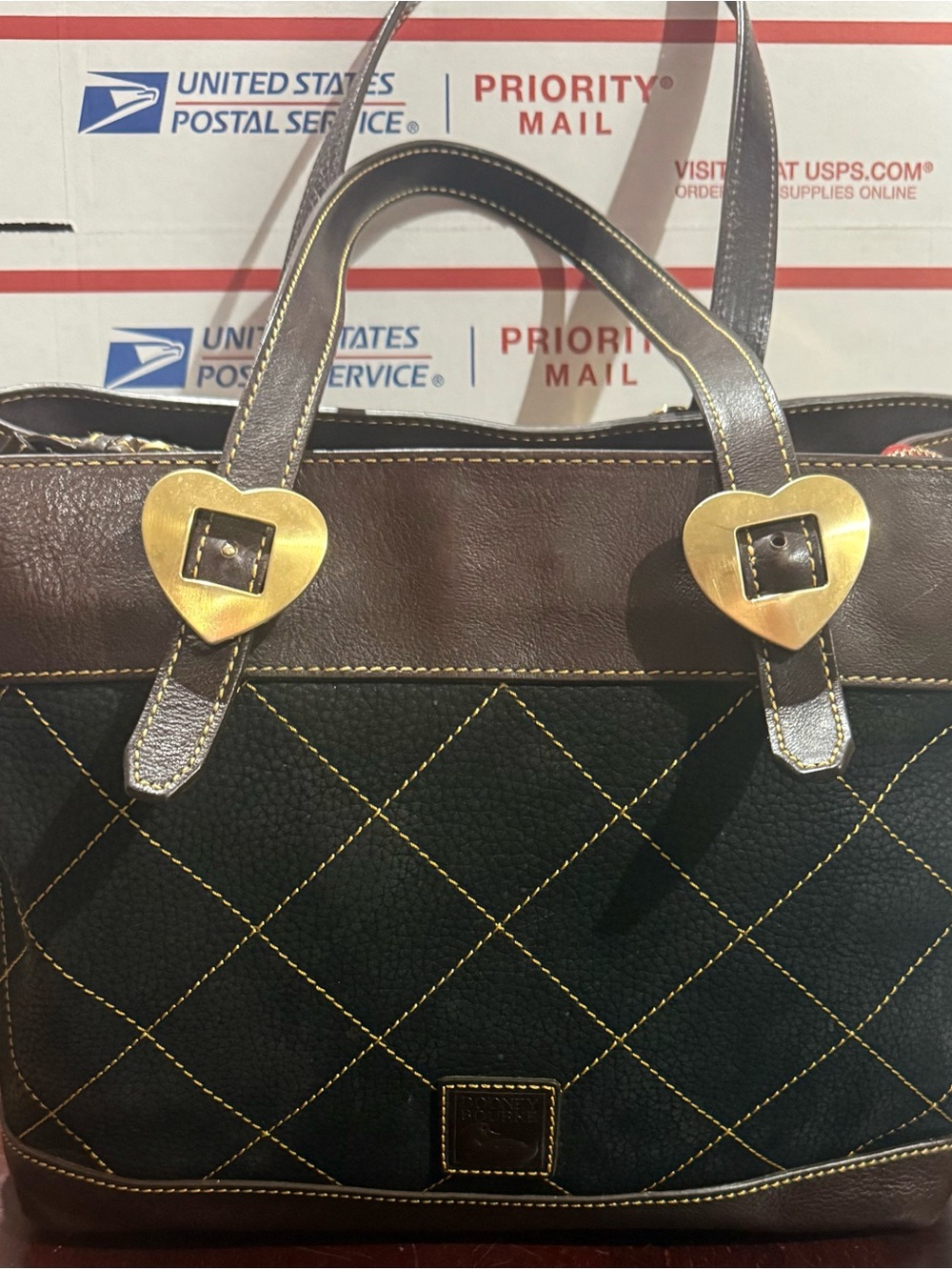 DOONEY & BOURKE VINTAGE Heart-Accent Quilted Black and Brown  Leather Tote Bag M
